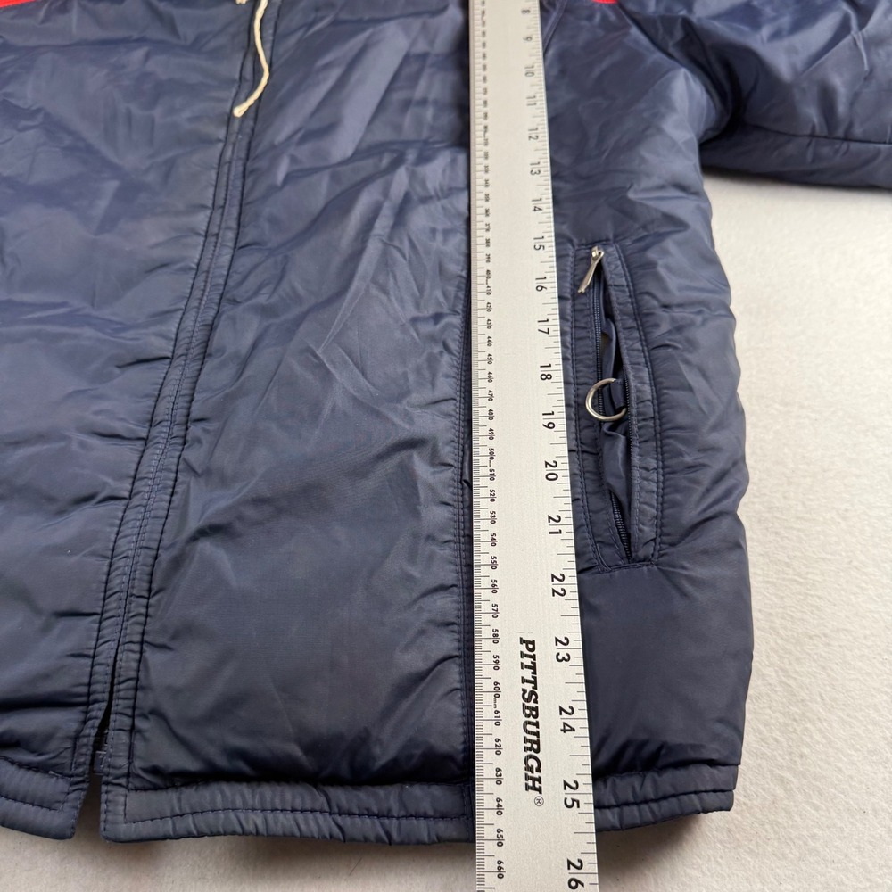 Vintage Comfy Goose Down Puffer Jacket Navy Blue Retro Chevron Distressed XL - Picture 7 of 7